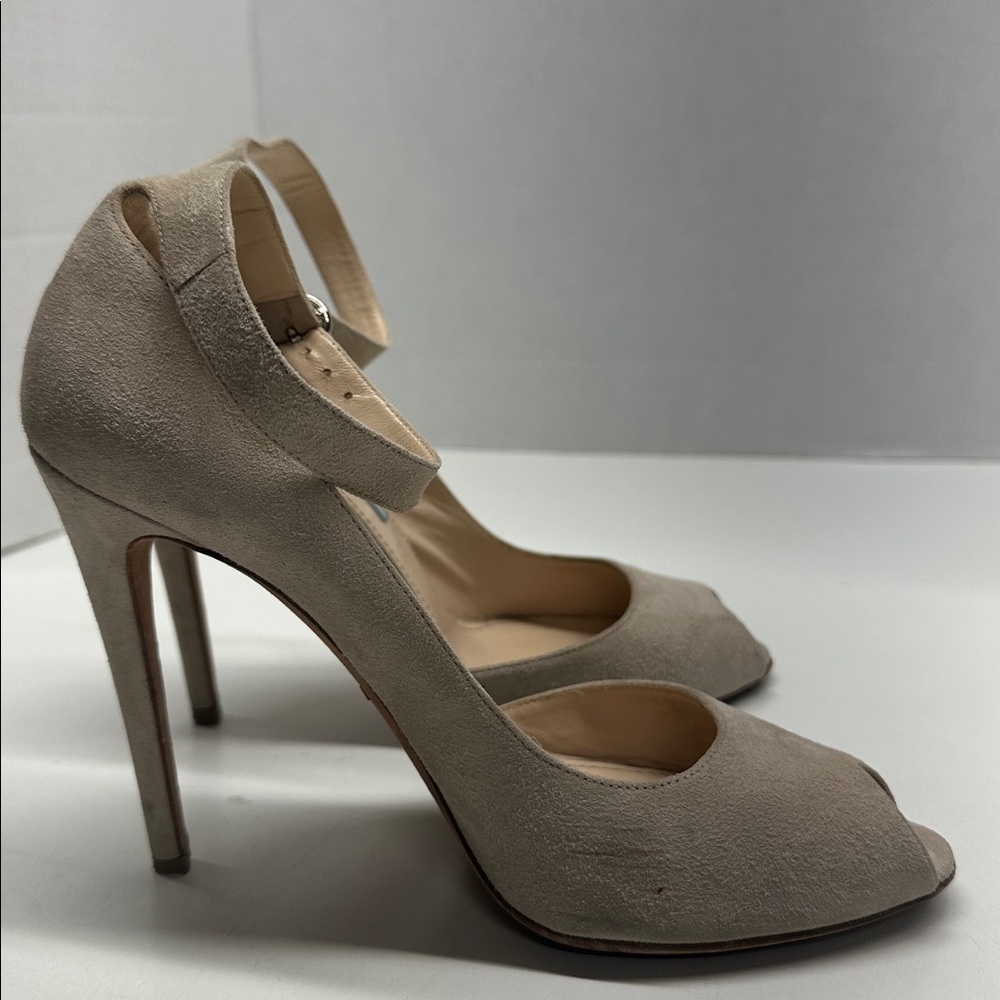 Prada Heels Suede Ankle Adjustable Strap Peep Toe High Heel Shoes Tan Cream 37.5 - Picture 5 of 11